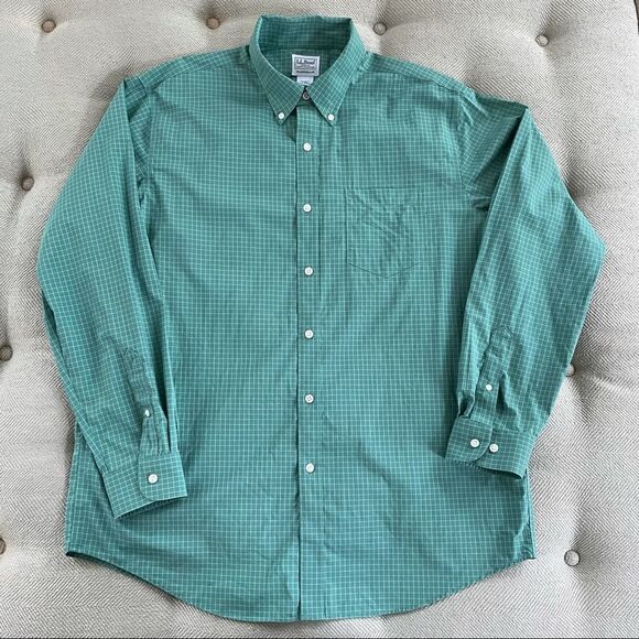 LL Bean Green Windowpane Button Down Shirt L - Picture 1 of 5